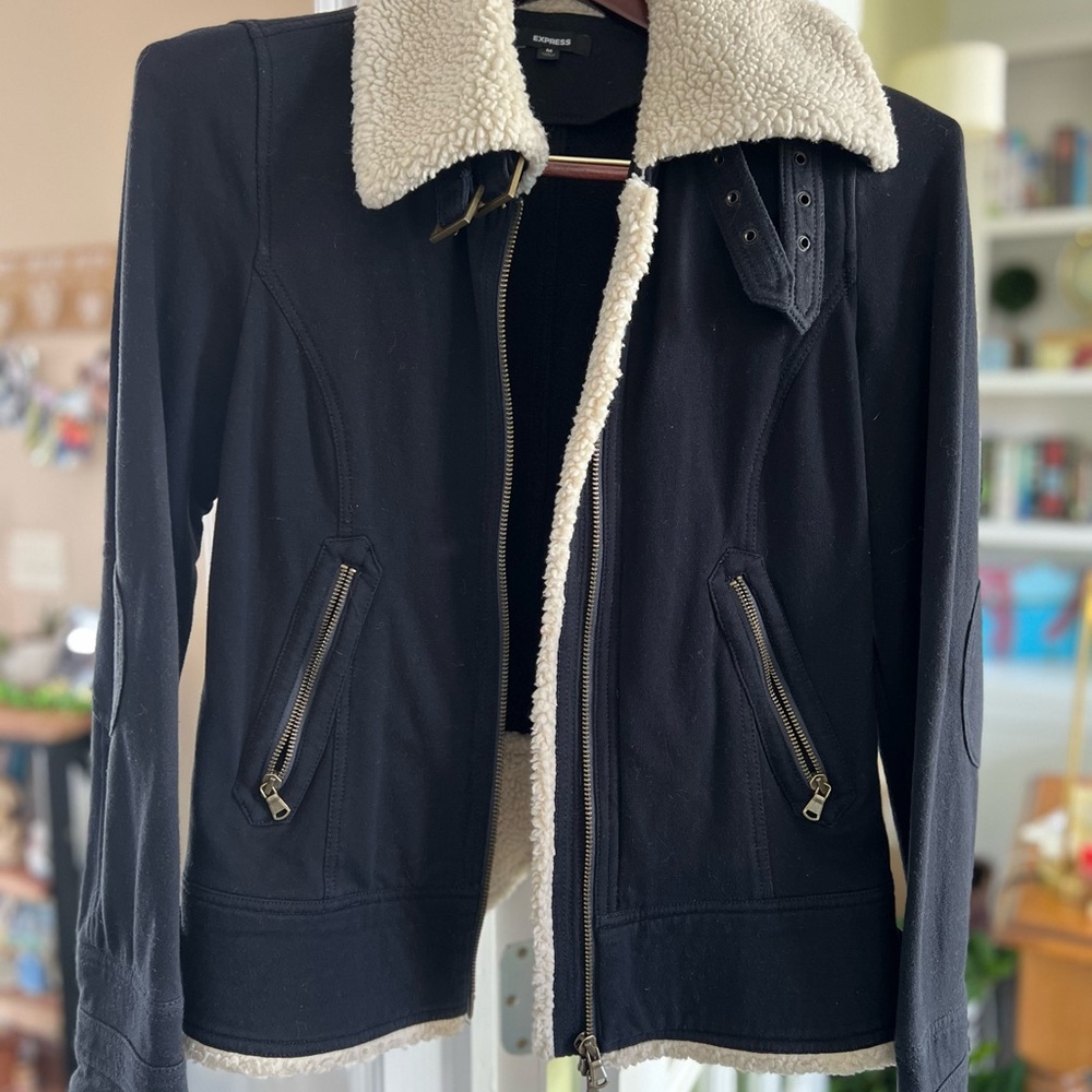 Express Black Bomber Jacket with Shearling Collar and Zipper Closure